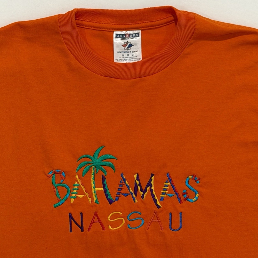 Vintage Y2K JERZEES Heavyweight Orange Bahamas Nassau Embroidered T-Shirt M